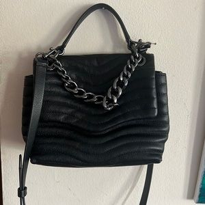 Rebecca Minkoff Mab quilted top-handle black leather satchel with chain.